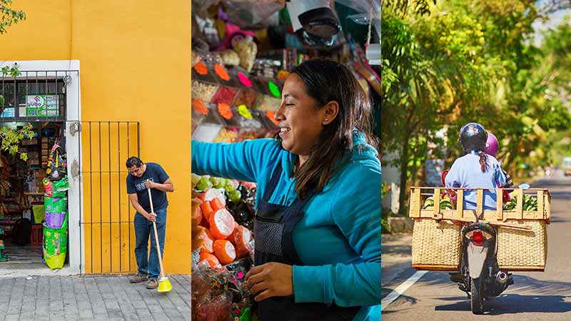 Três situações diferentes: uma pessoa andando de moto vista de trás, outra varrendo em frente ao seu local e outra atendendo clientes